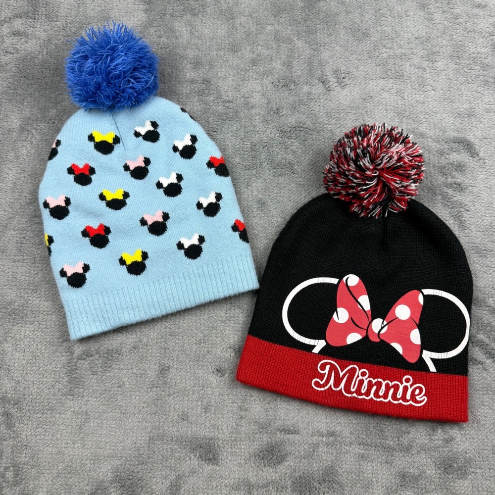 Disney Minnie Mouse Beanie Lot 2 Toddler Girls Knit Pom Pom Hats Blue Black Red